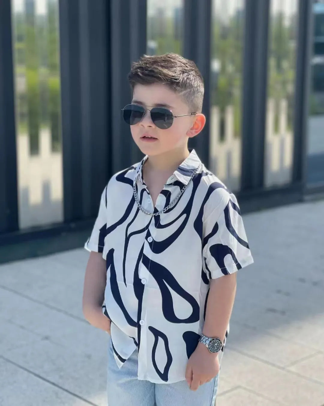 Cool Zebra Print Shirt & Denim Shorts Set β Boys 2β7Y